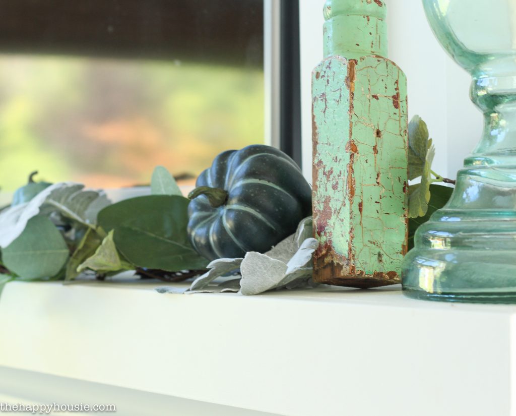 Beautifully Simple Blue & Green Fall Mantel Decor | The Happy Housie