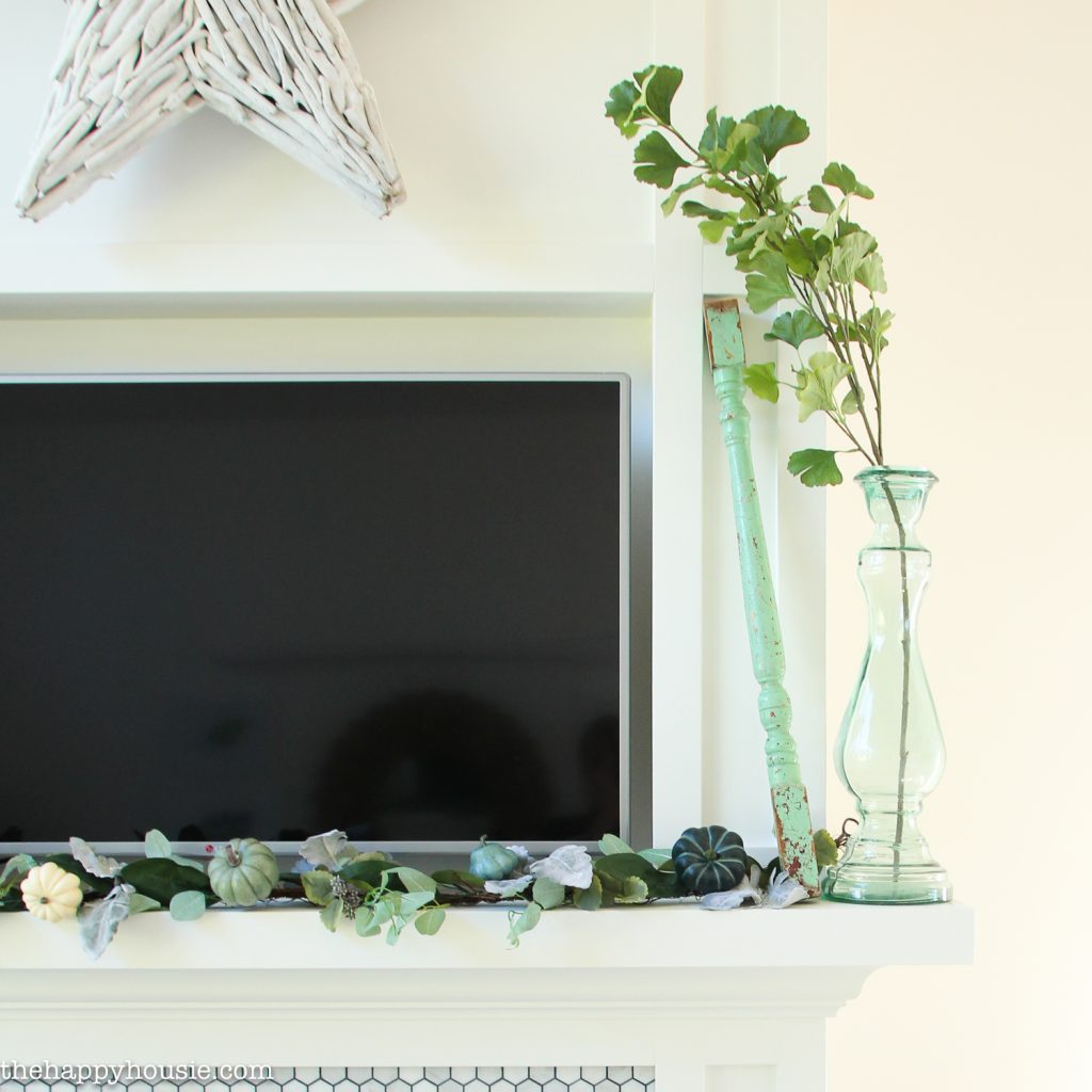 Beautifully Simple Blue & Green Fall Mantel Decor | The Happy Housie