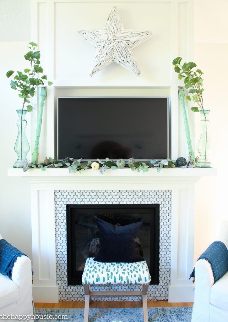 Beautifully Simple Blue & Green Fall Mantel Decor | The Happy Housie