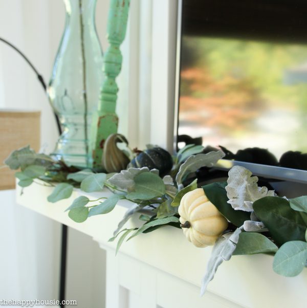 Beautifully Simple Blue & Green Fall Mantel Decor | The Happy Housie