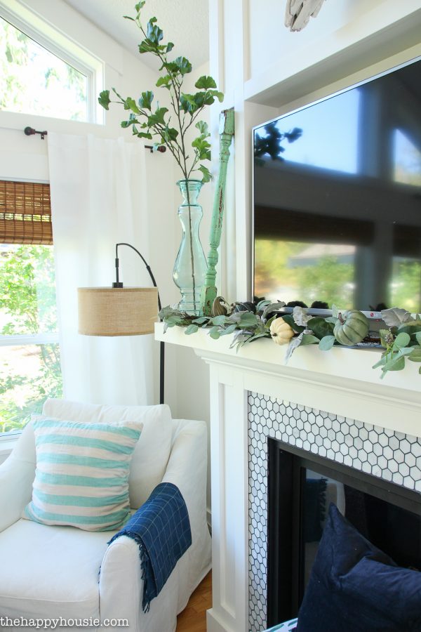 Beautifully Simple Blue & Green Fall Mantel Decor | The Happy Housie