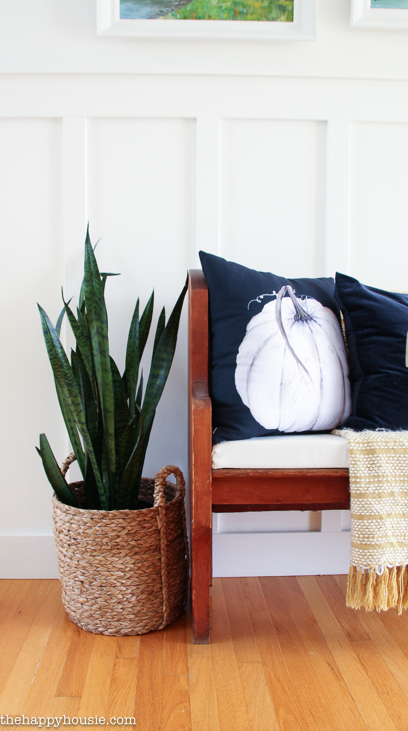A blue and white pumpkin pillow is on the bench.