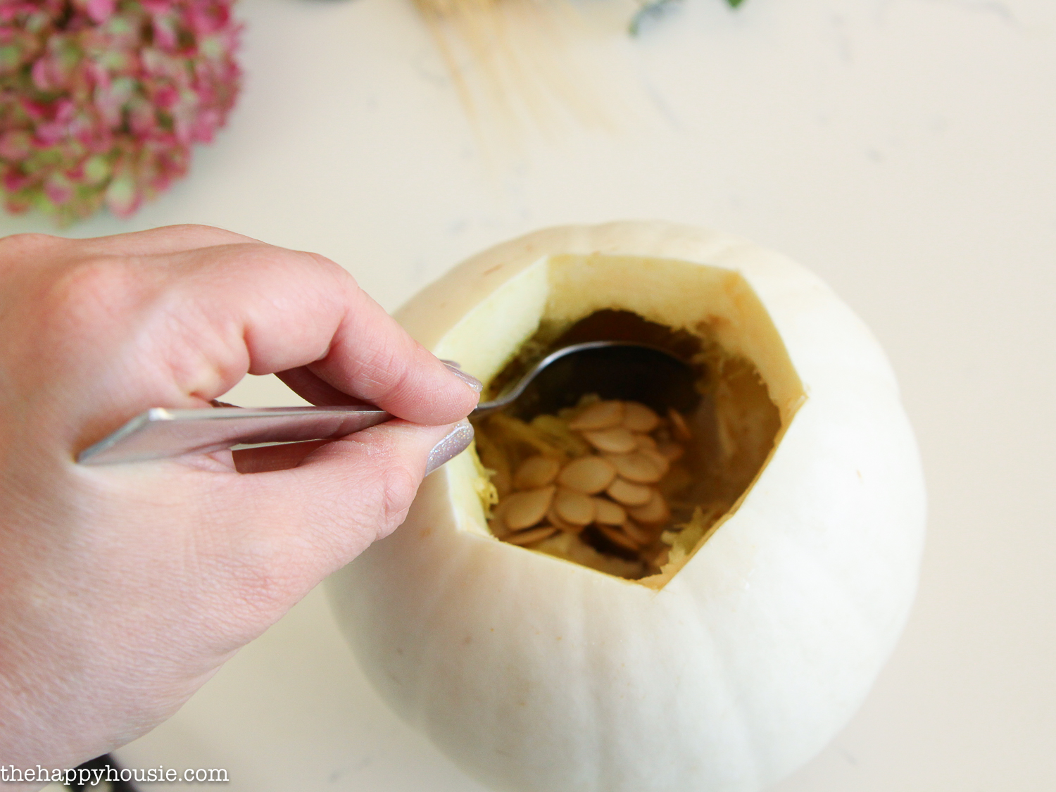 Scooping out the pumpkin seeds from the middle.
