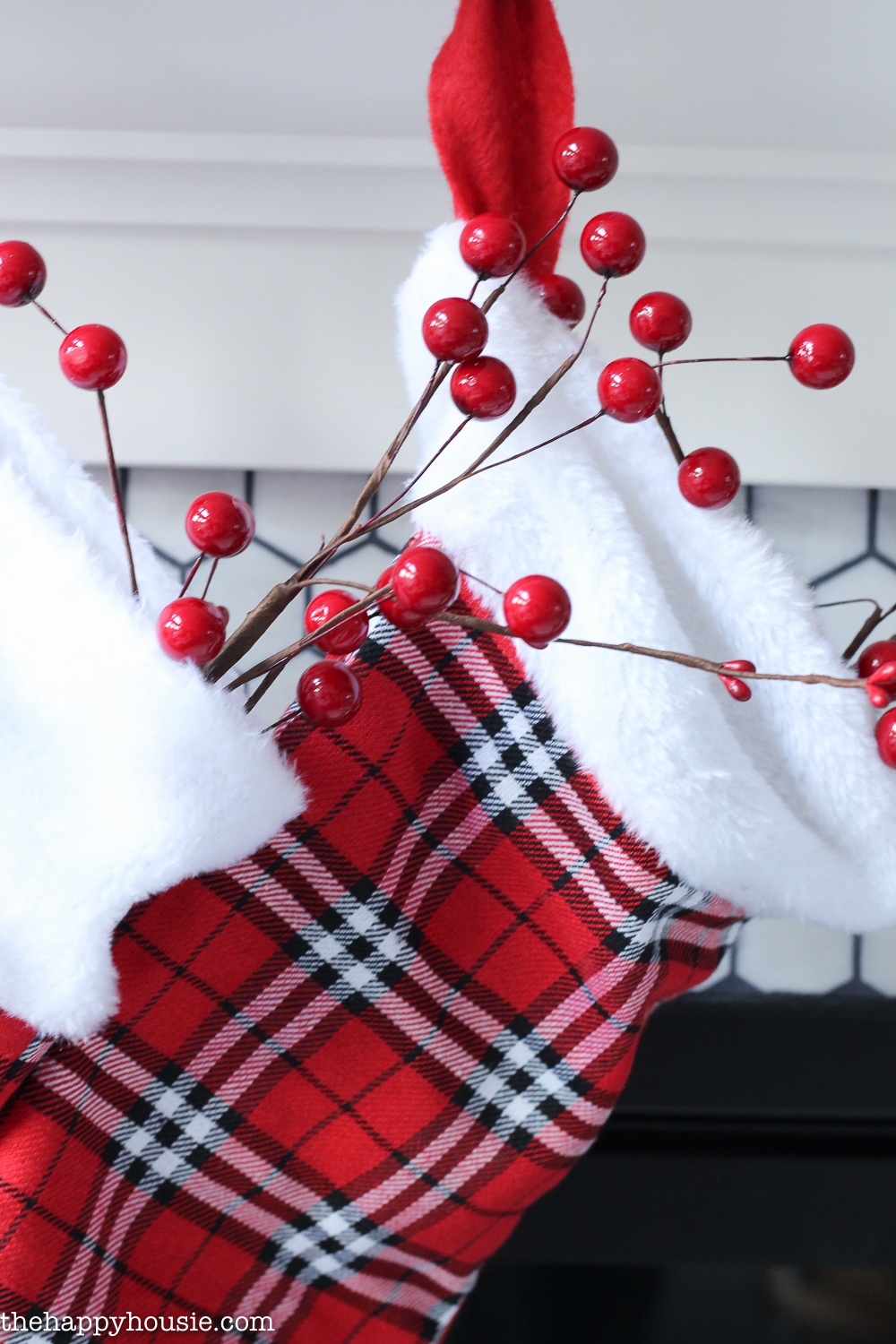 Up close pictures of the red berries on the stocking.