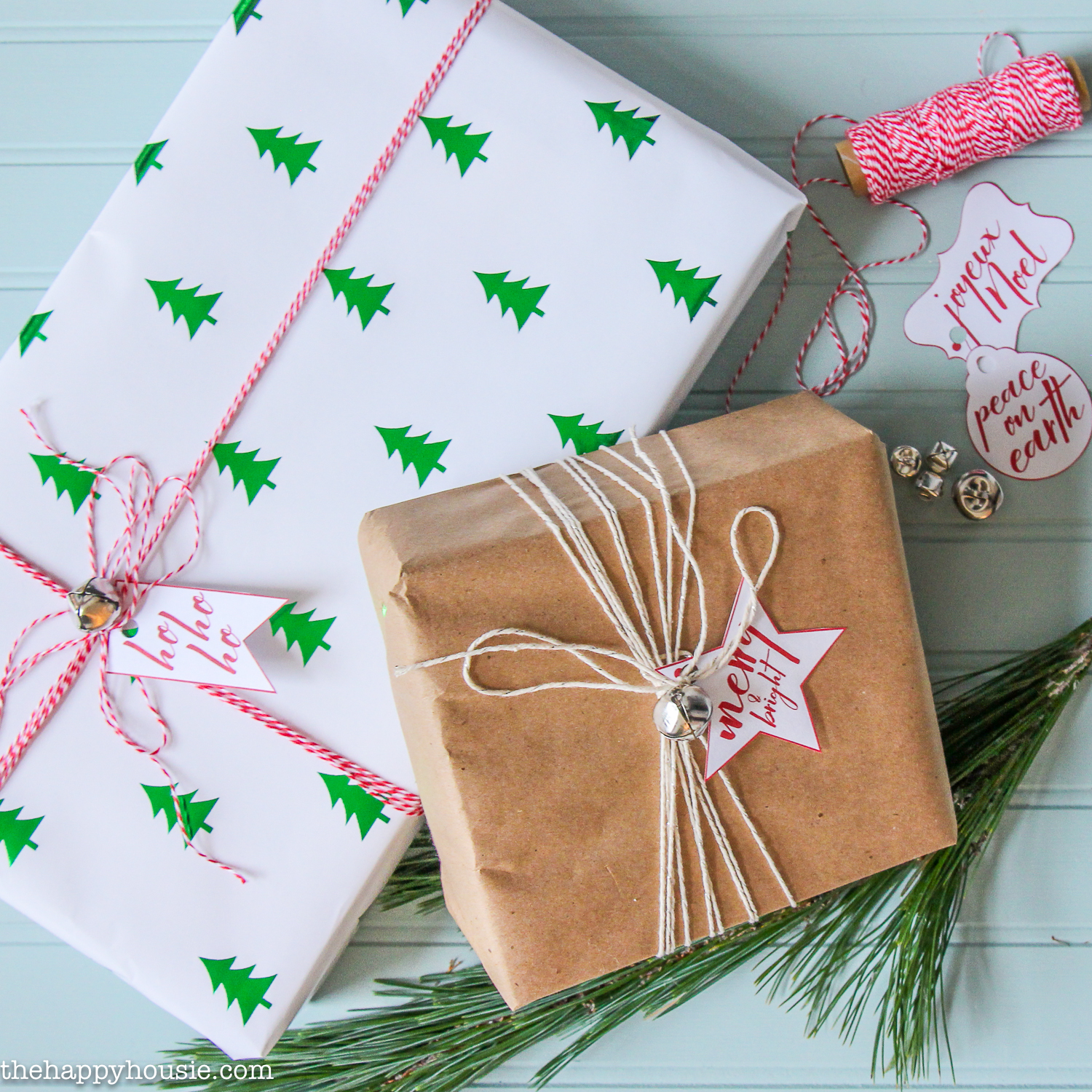 Jingle Bell Gift Wrapping with Free Printable Christmas Gift Labels