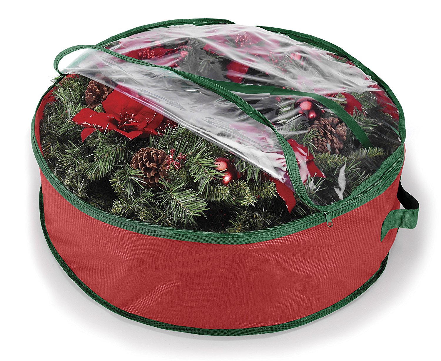 Christmas wreath inside a round storage container.