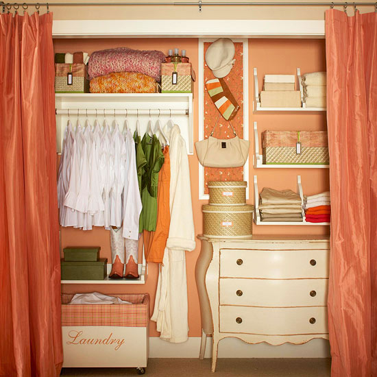 A peach inspired small dressing closet.