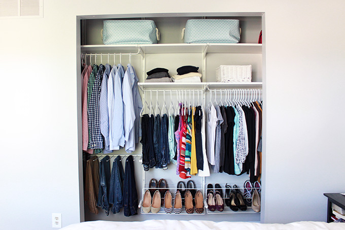 A mix of shelves and hanging clothes.
