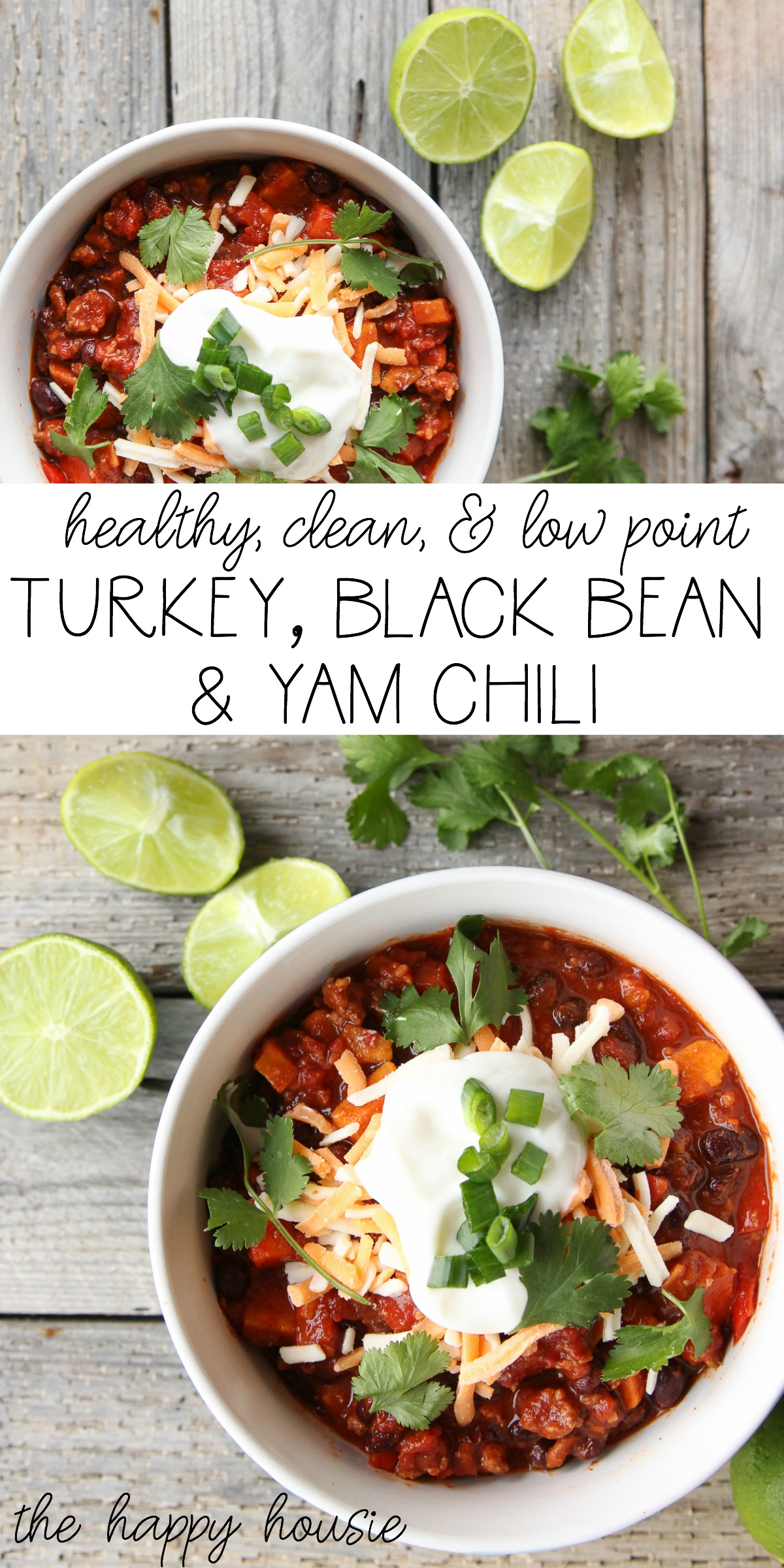Healthy clean and low point turkey black bean and yam chili poster.