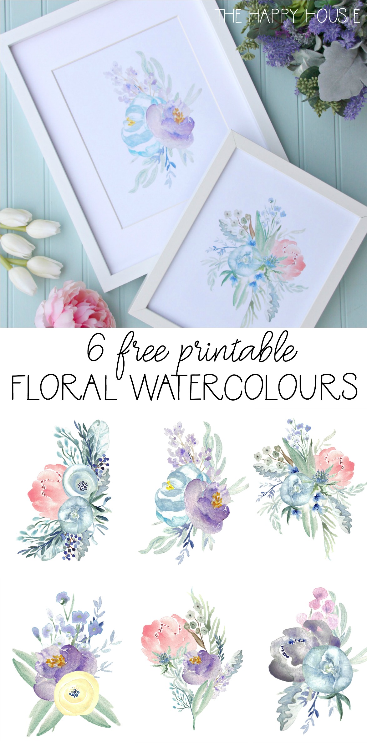 6 Free Printable Floral Watercolours poster.