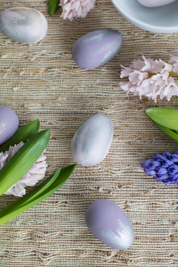 Easter eggs in purples and silver with a slight metallic sheen.