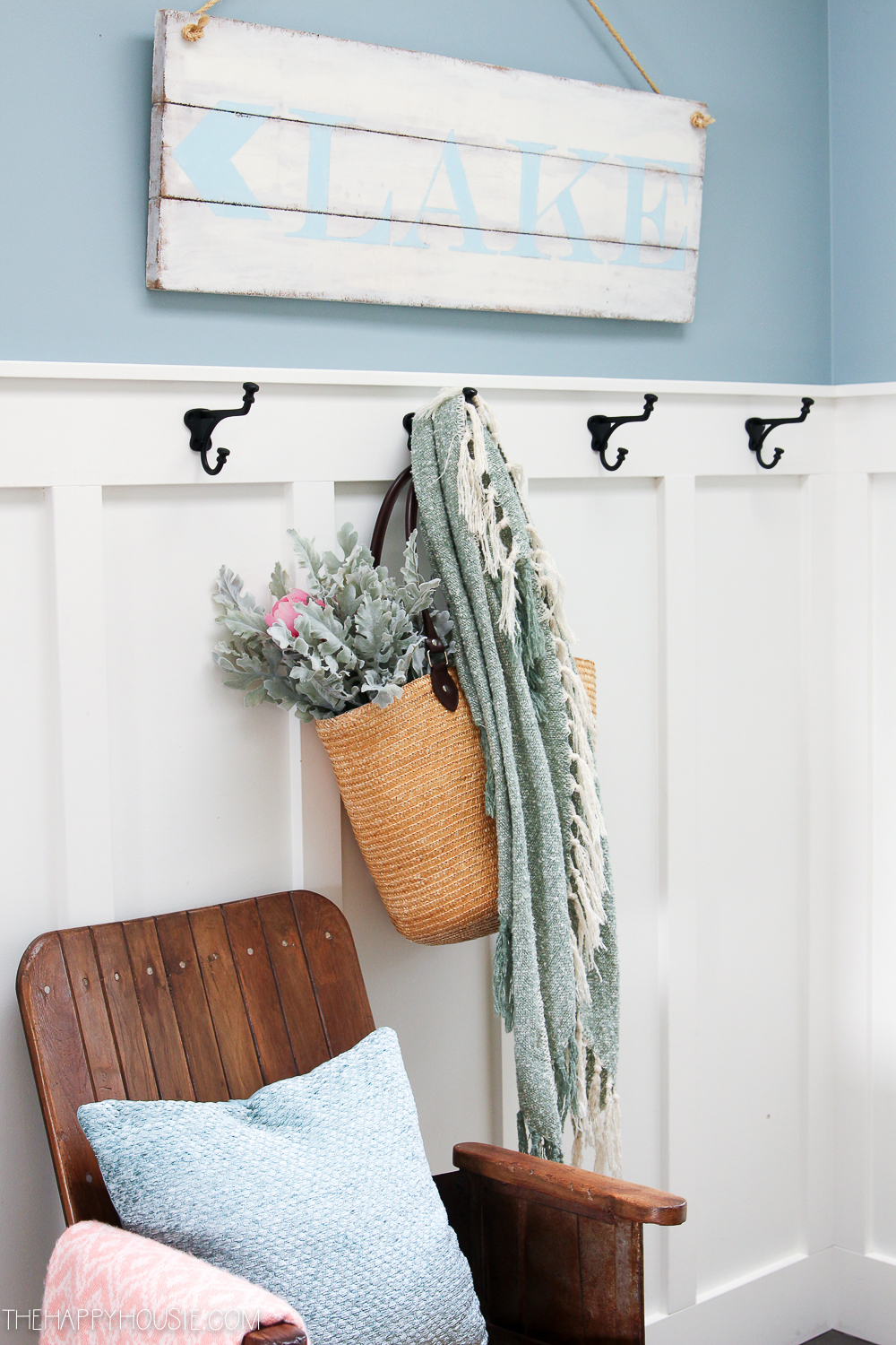 Up close shot of the basket on the wall.
