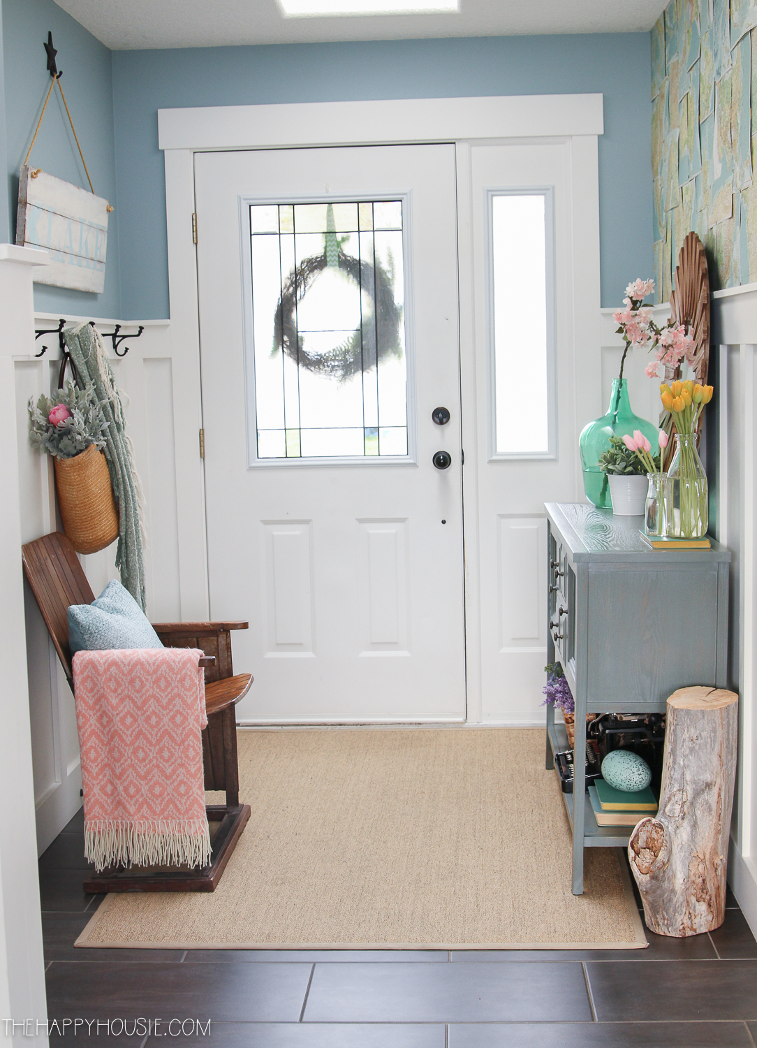 The entryway when decorated with spring colours.