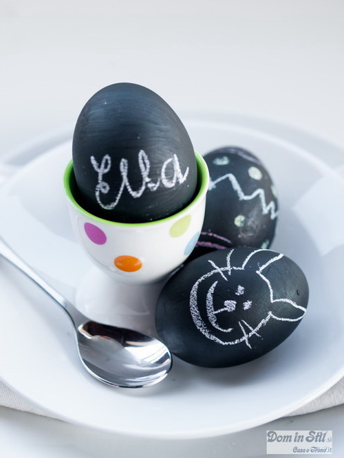 Eggs painted black and then white chalk with drawings.
