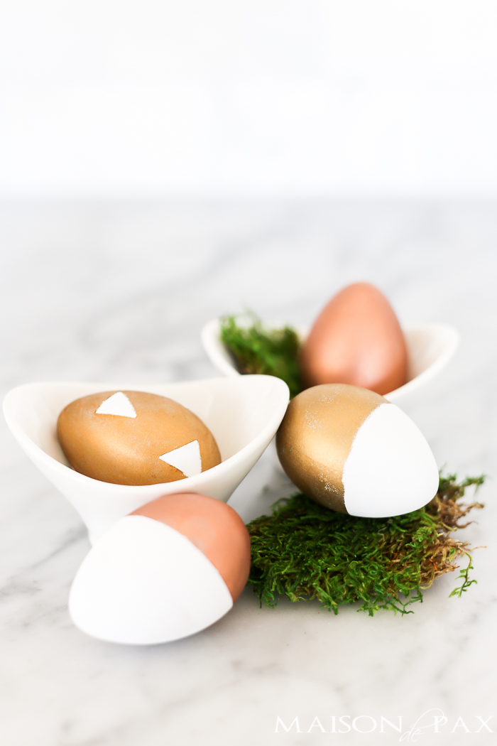Metallic colored eggs in golds and coppers.
