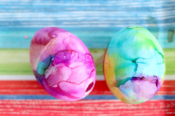 Bright pinks and greens tie dyed eggs.