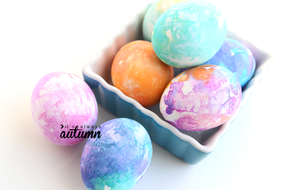 Purple, pink and blue marbled eggs.