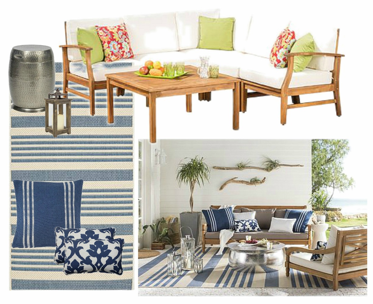 Blue and white rug, patio furniture.