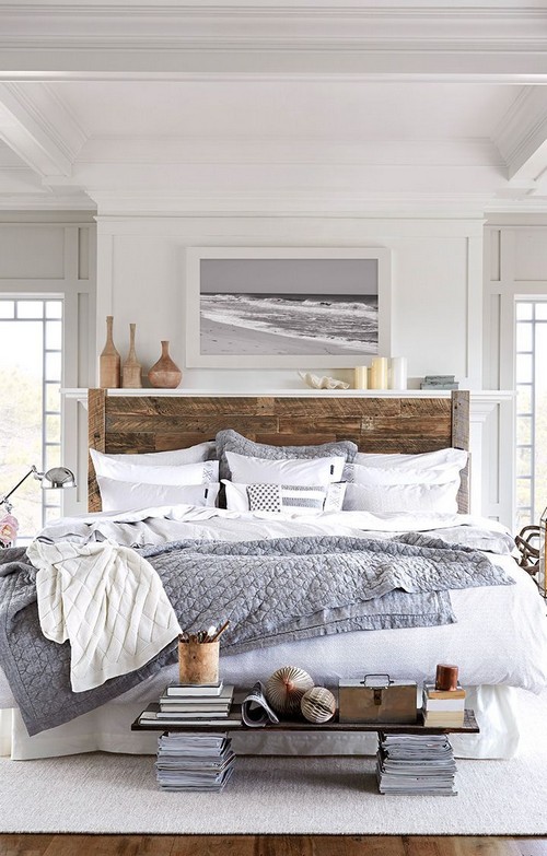 Rustic wood details in the mostly neutral bedroom.