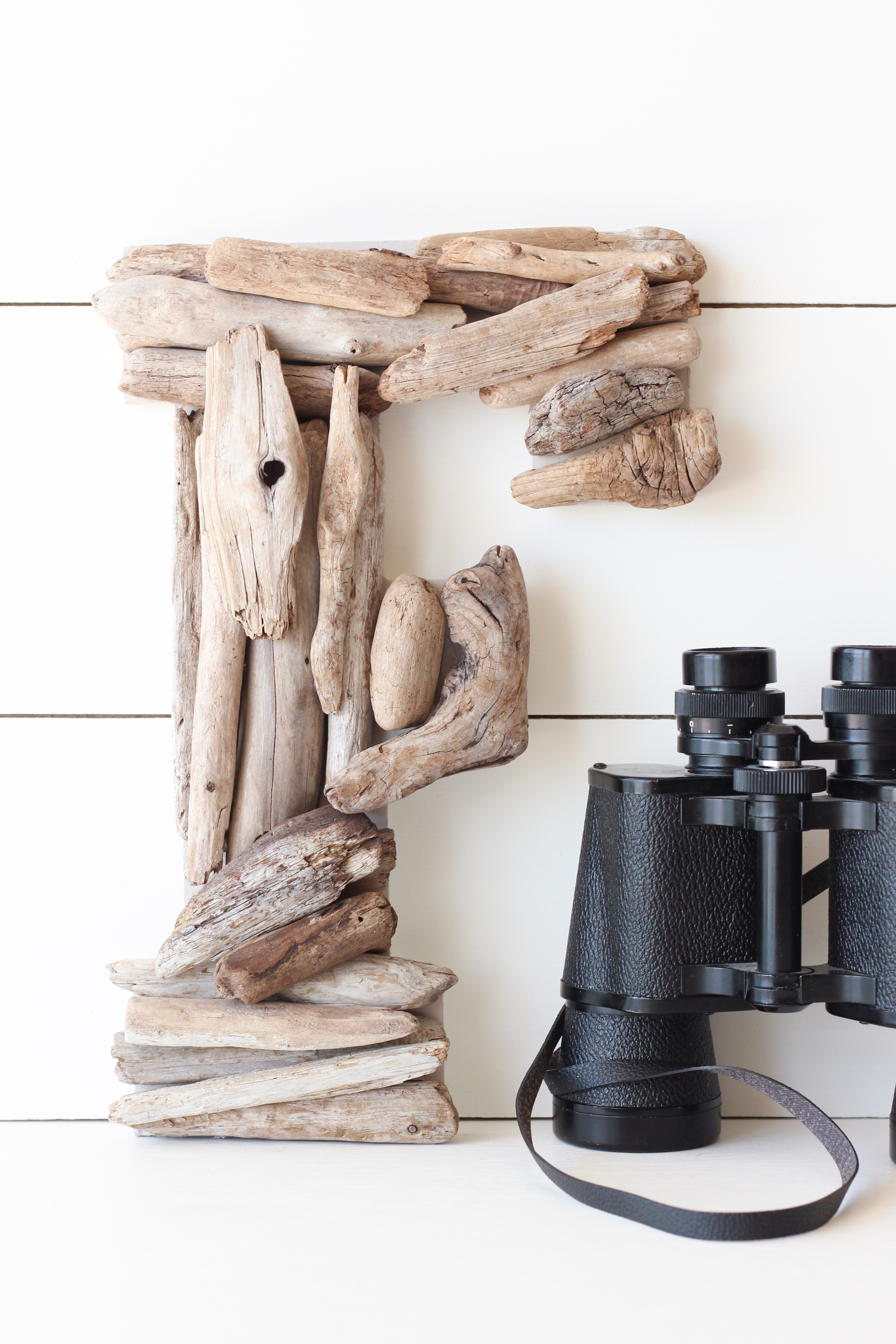 The driftwood letter F beside binoculars.