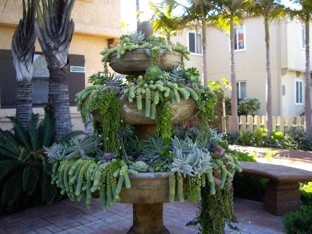 An outdoor fountain filled with overflowing plants.