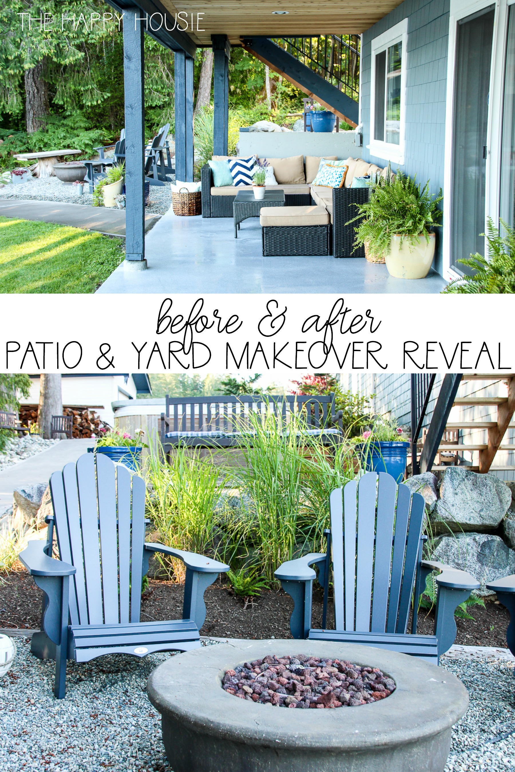 Before and after patio and yard makeover reveal poster.