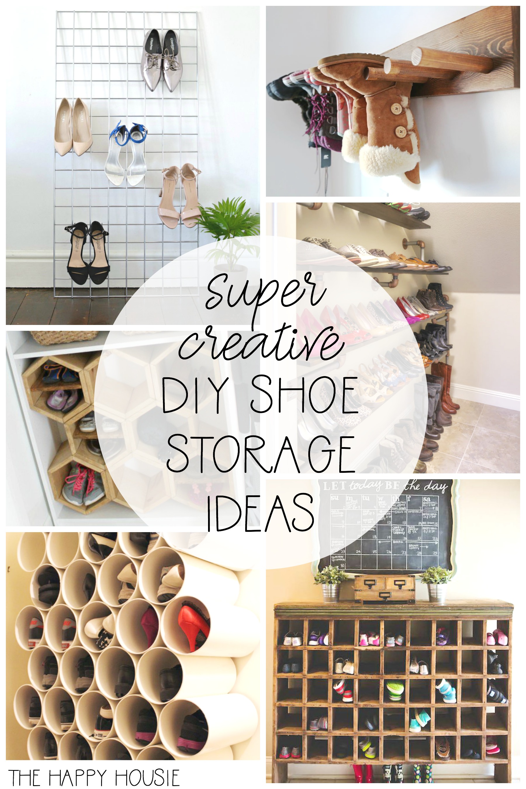 Super creative DIY shoe storage ideas poster.