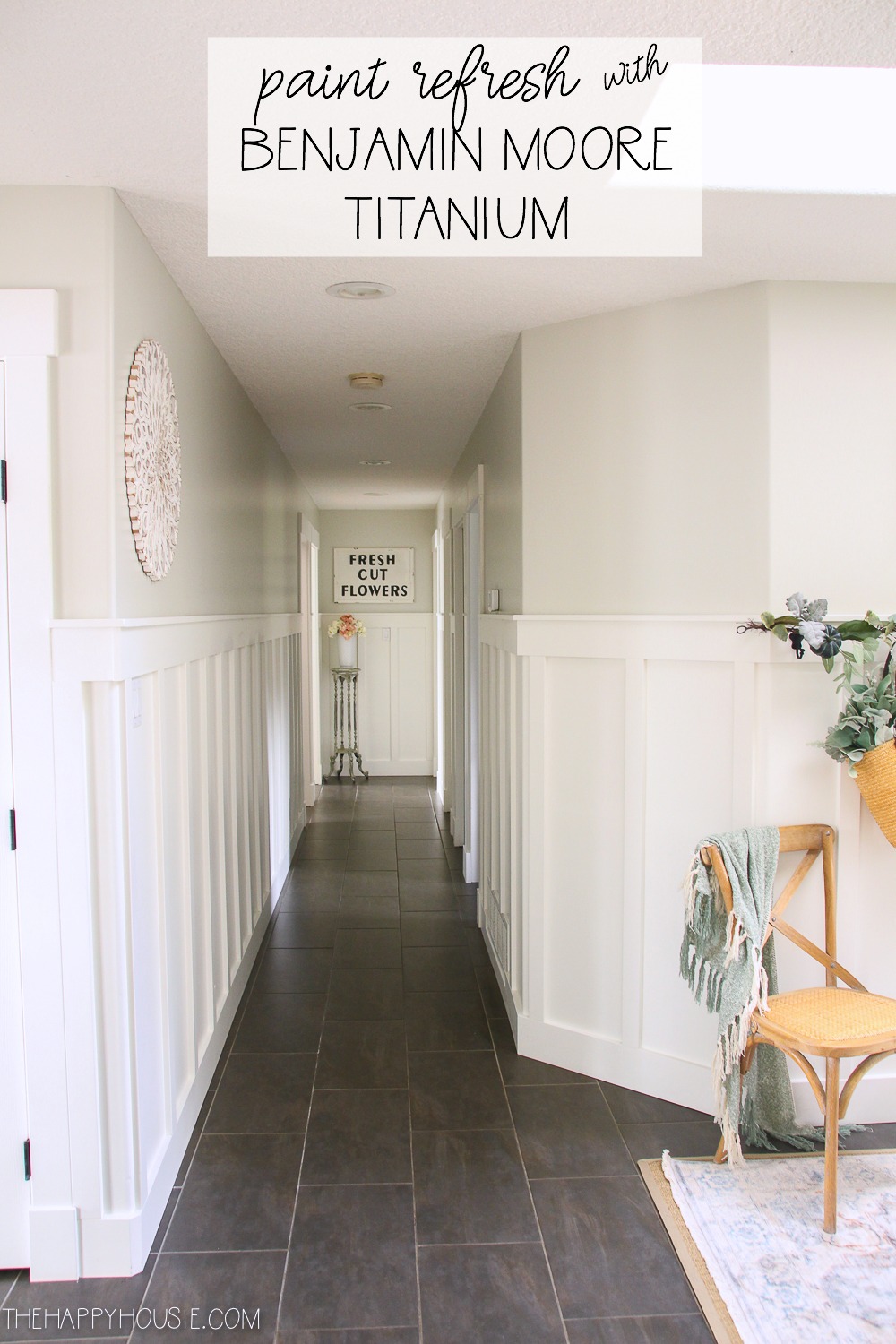The painted hallway in Benjamin Moore paint in Titanium.