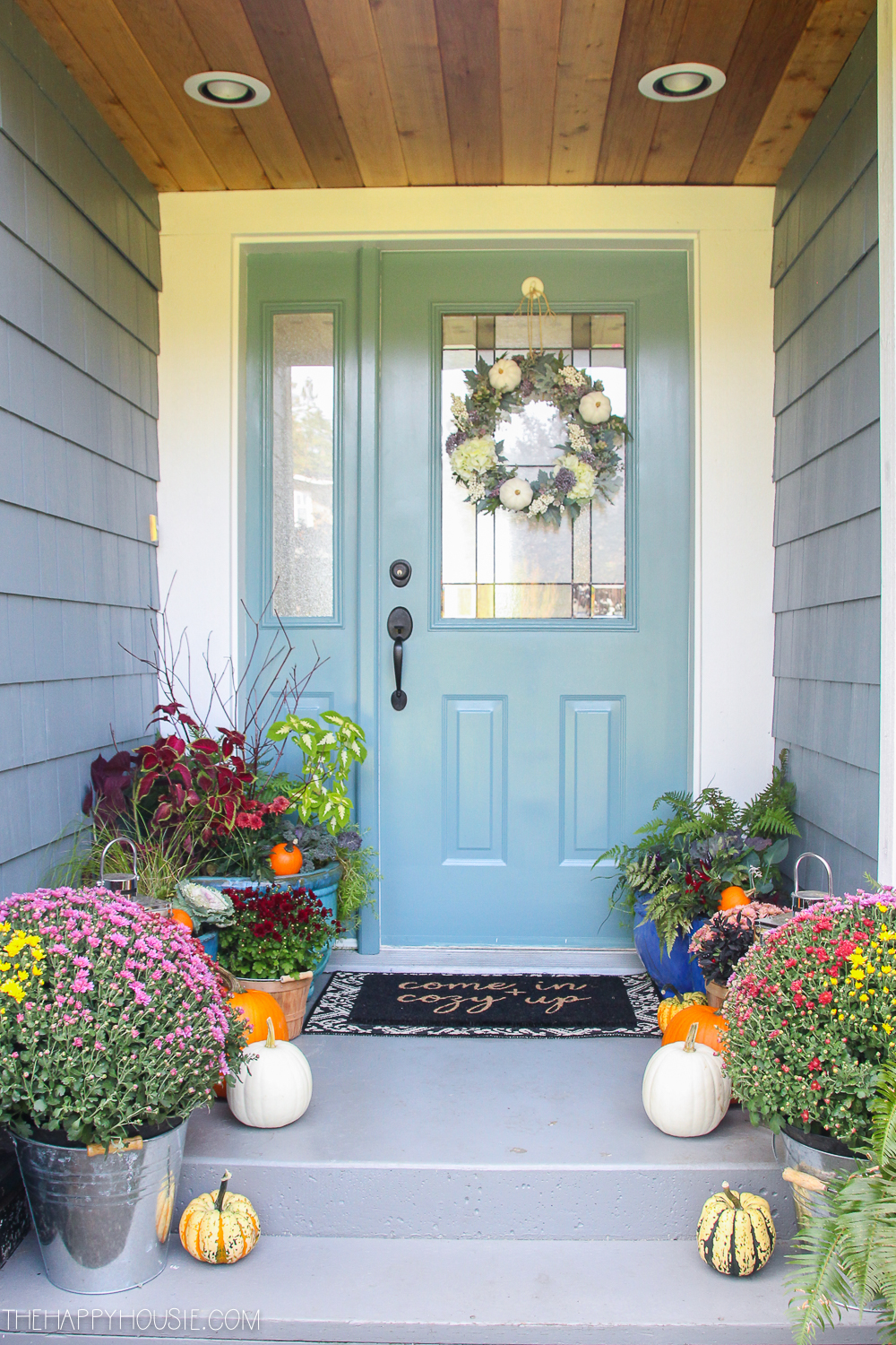 A blue front door with a small porch and planters around it.