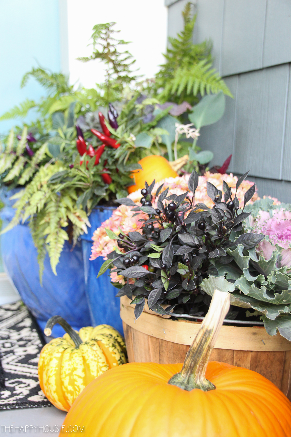 A blue planter beside the rustic wooden planter filled with plants and flowers.