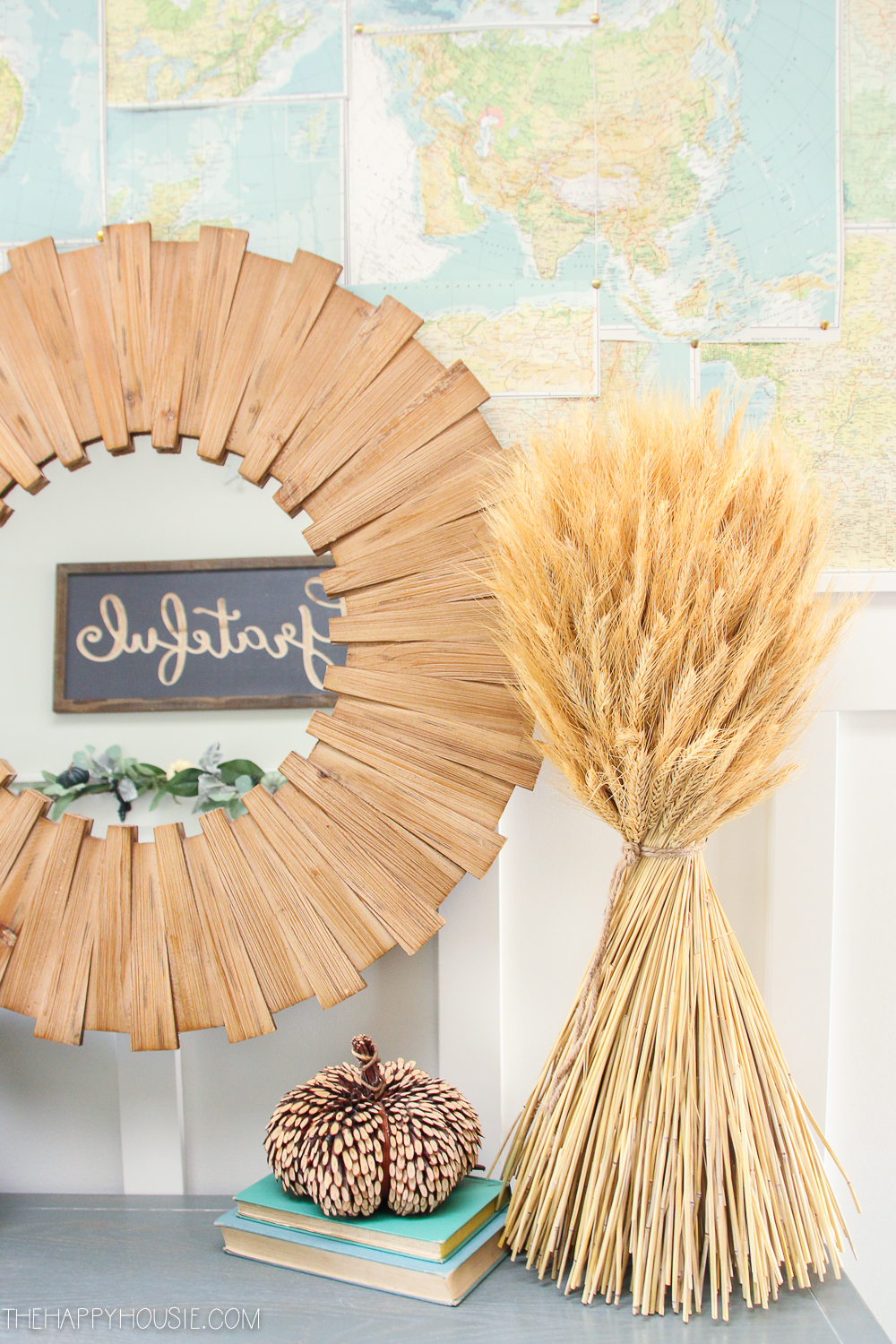 DIY map on the wall behind the mirror.