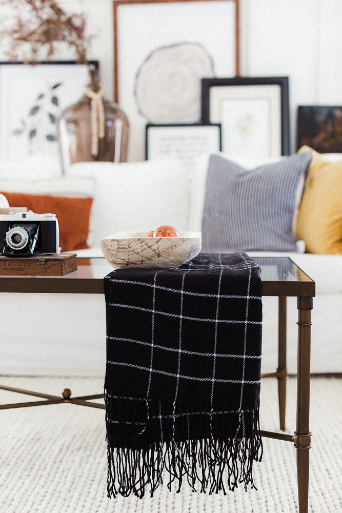 Black and white throw blanket in the living room.