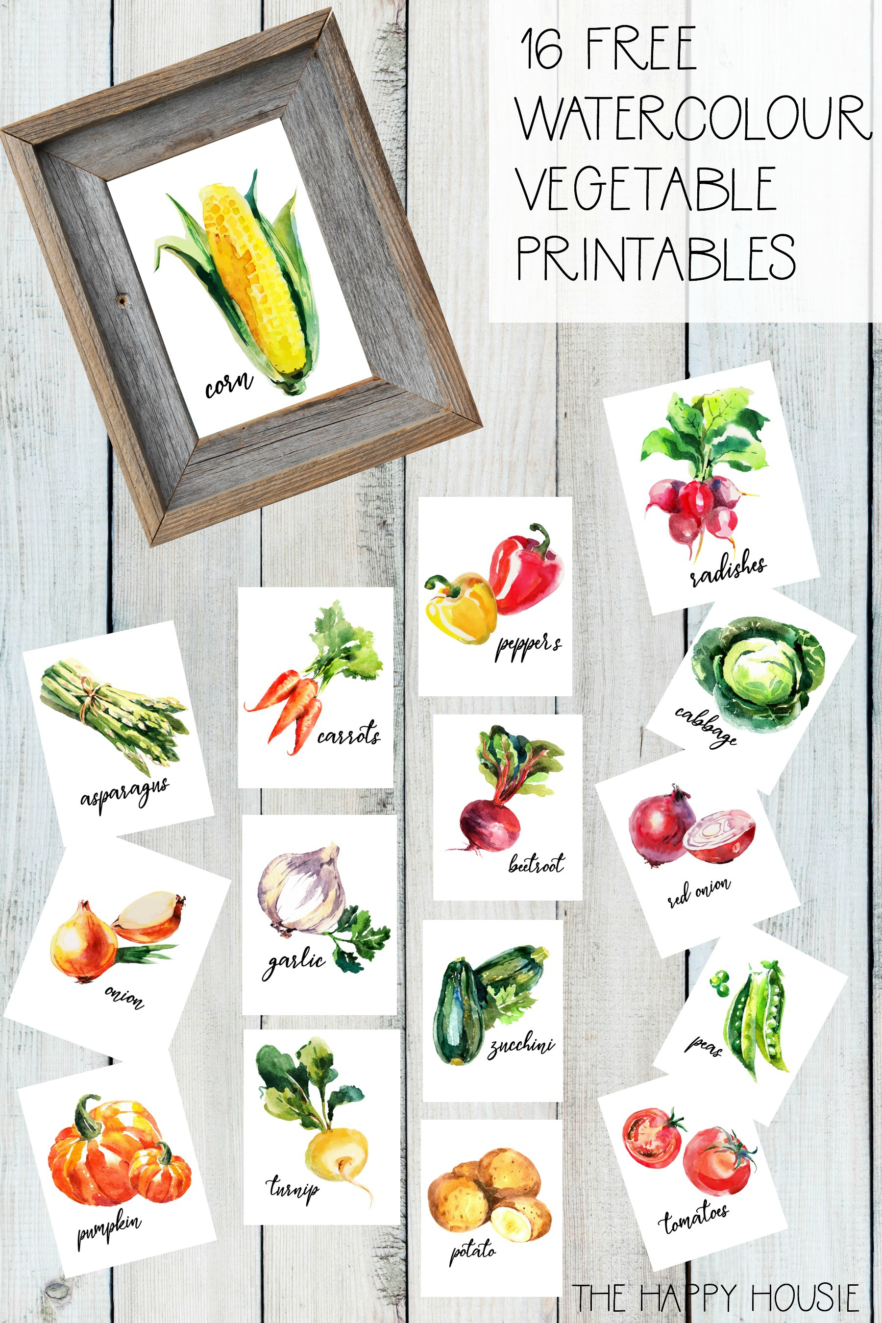 16 Free Watercolour Vegetable Printables poster.