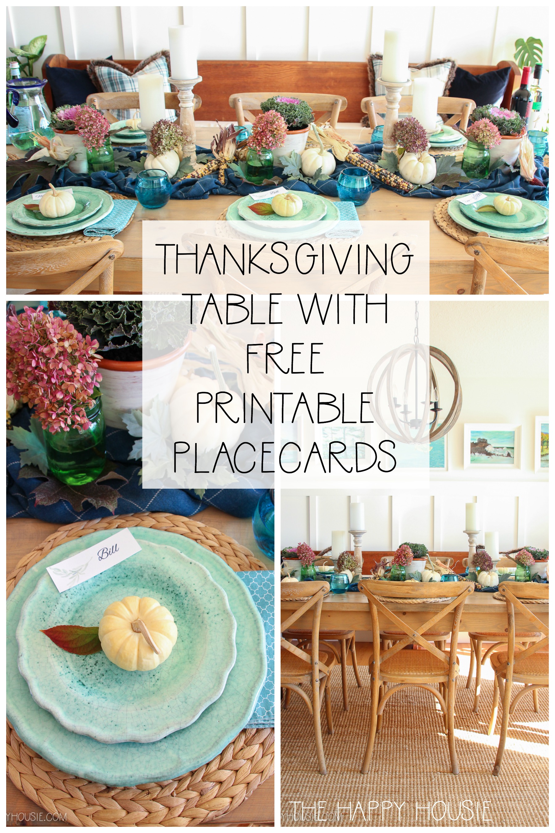 Thanksgiving table with free printable placecards poster.