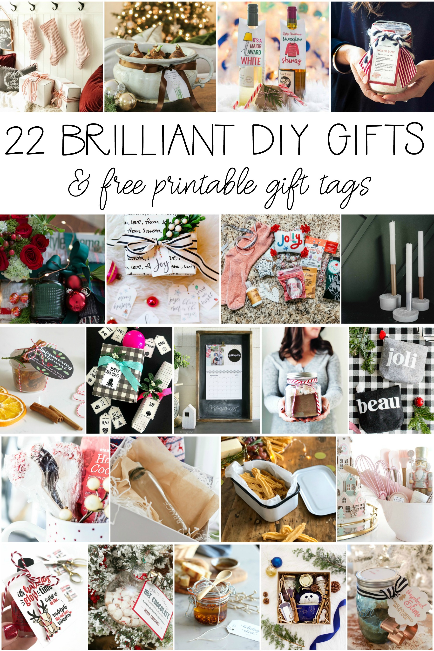 22 Brilliant DIY Gifts and free printable gift tags poster.