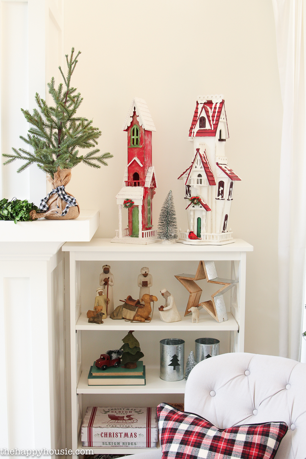 Shelving with holiday items on it.
