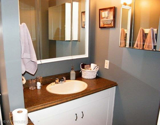 a small dark blue bathroom before being renovated
