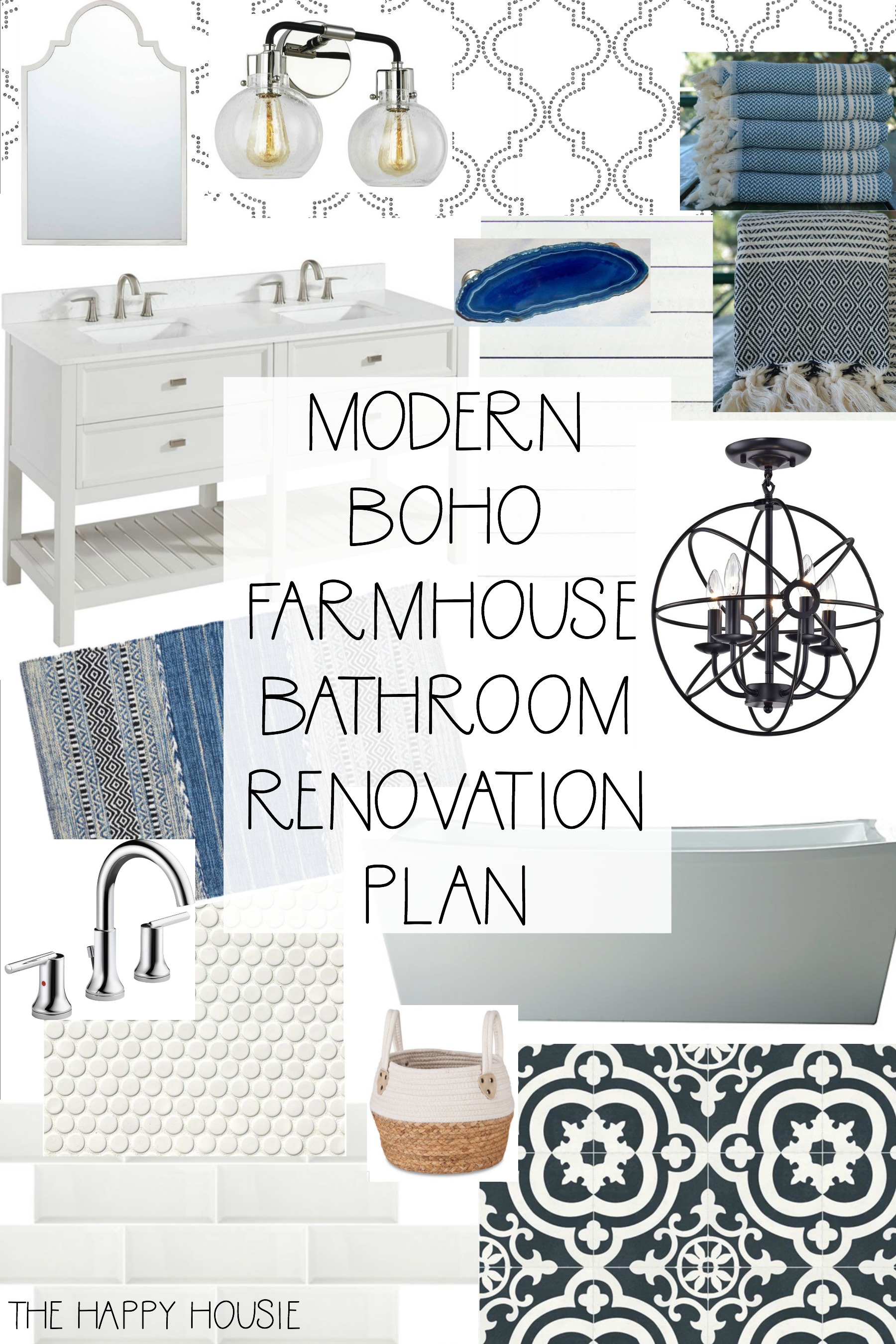 Modern Boho Farmhouse Bathroom Renovation Plan poster.