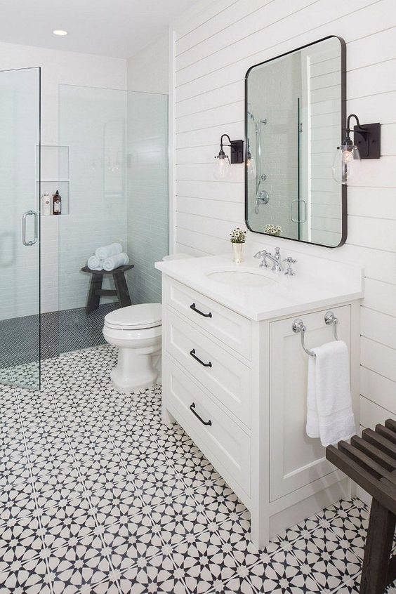 Cement Tile & Patterned Tile Floors in the Bathroom