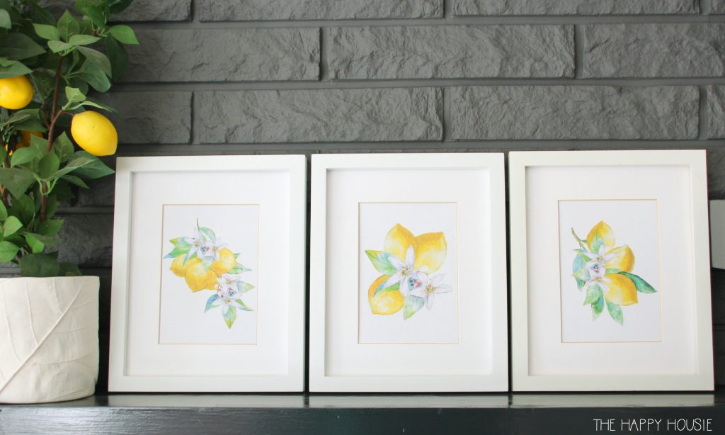 A series of 3 framed printed lemon pictures on the fireplace mantel.