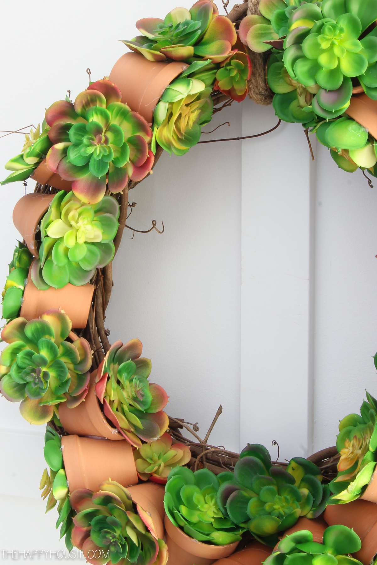 Up close picture of the succulent pots on the wreath.