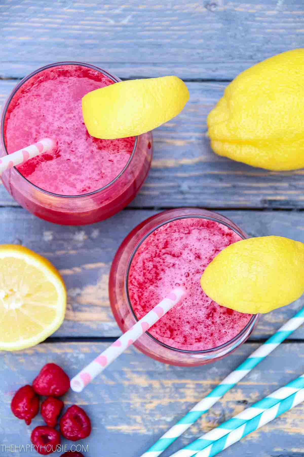 Raspberry lemonade vodka slushy summer drink recipe.