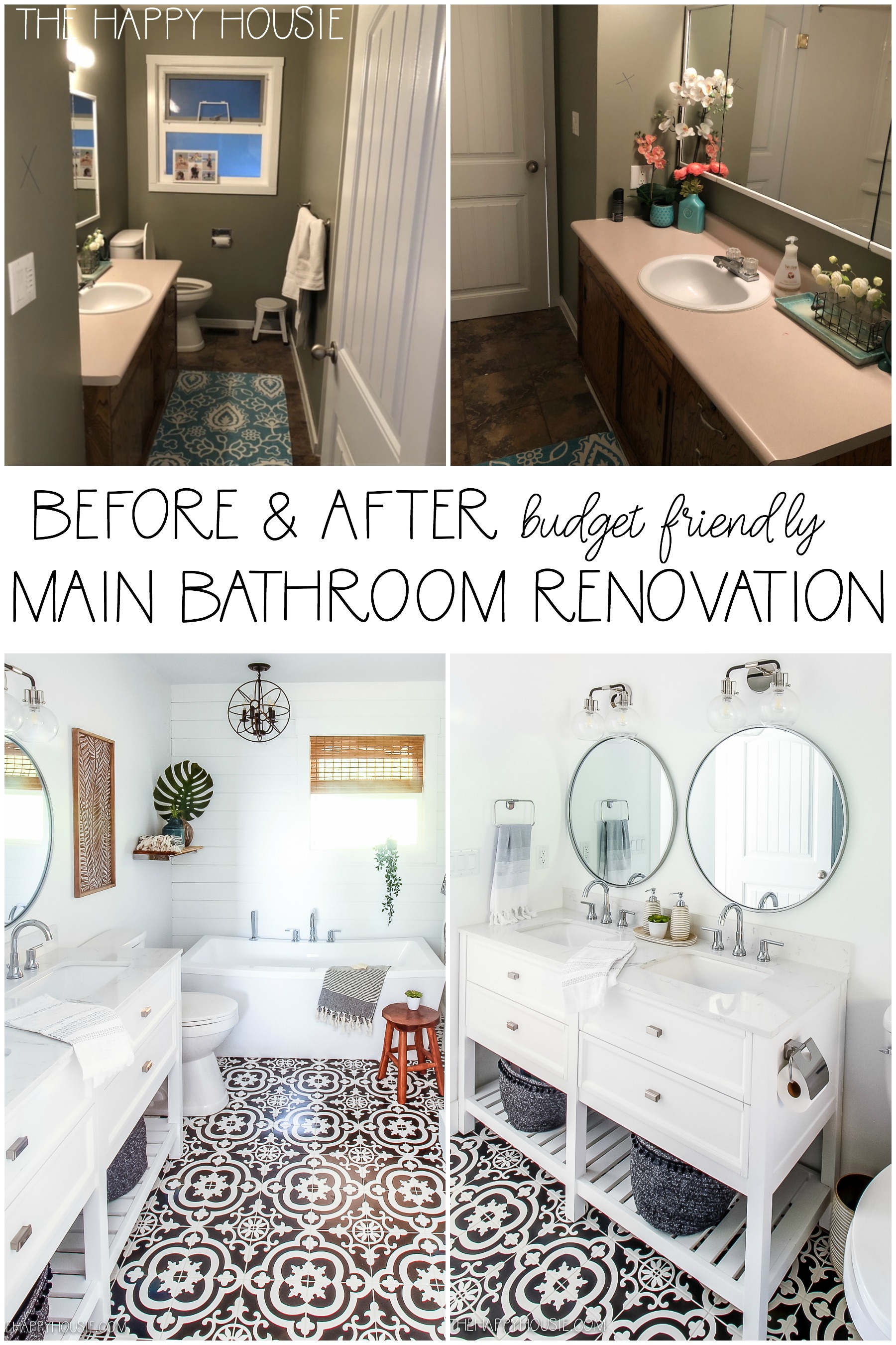 Before &nAfter budget friendly main bathroom renovation graphic.