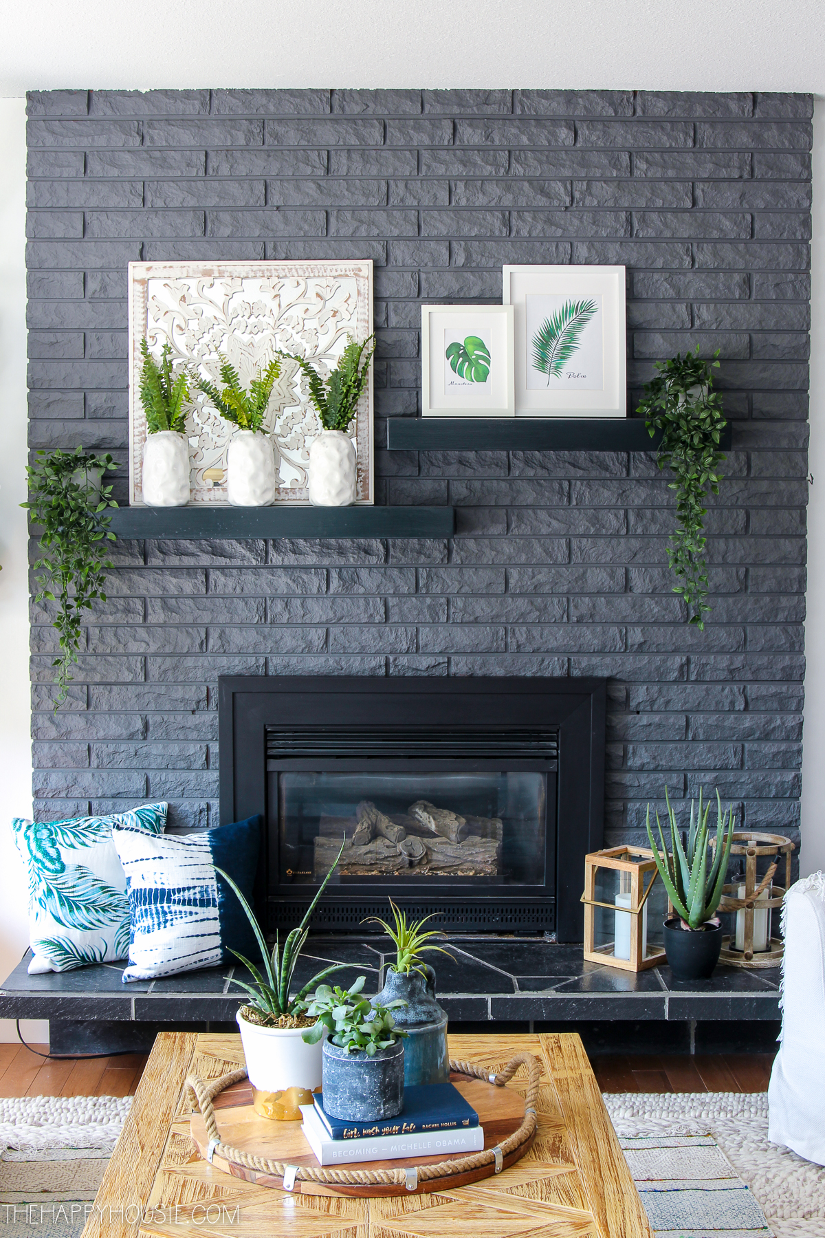 Simple White & Green Summer Mantel Decor {with free printable tropical leaf art}
