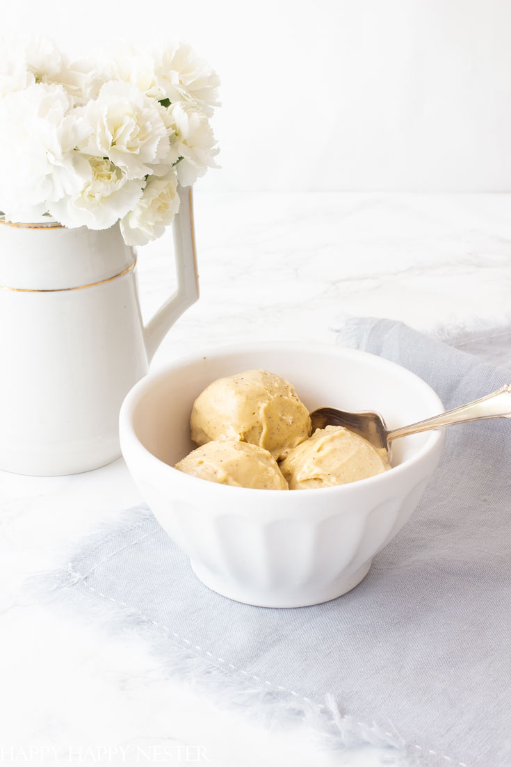 Almond vanilla ice cream in a white bowl.