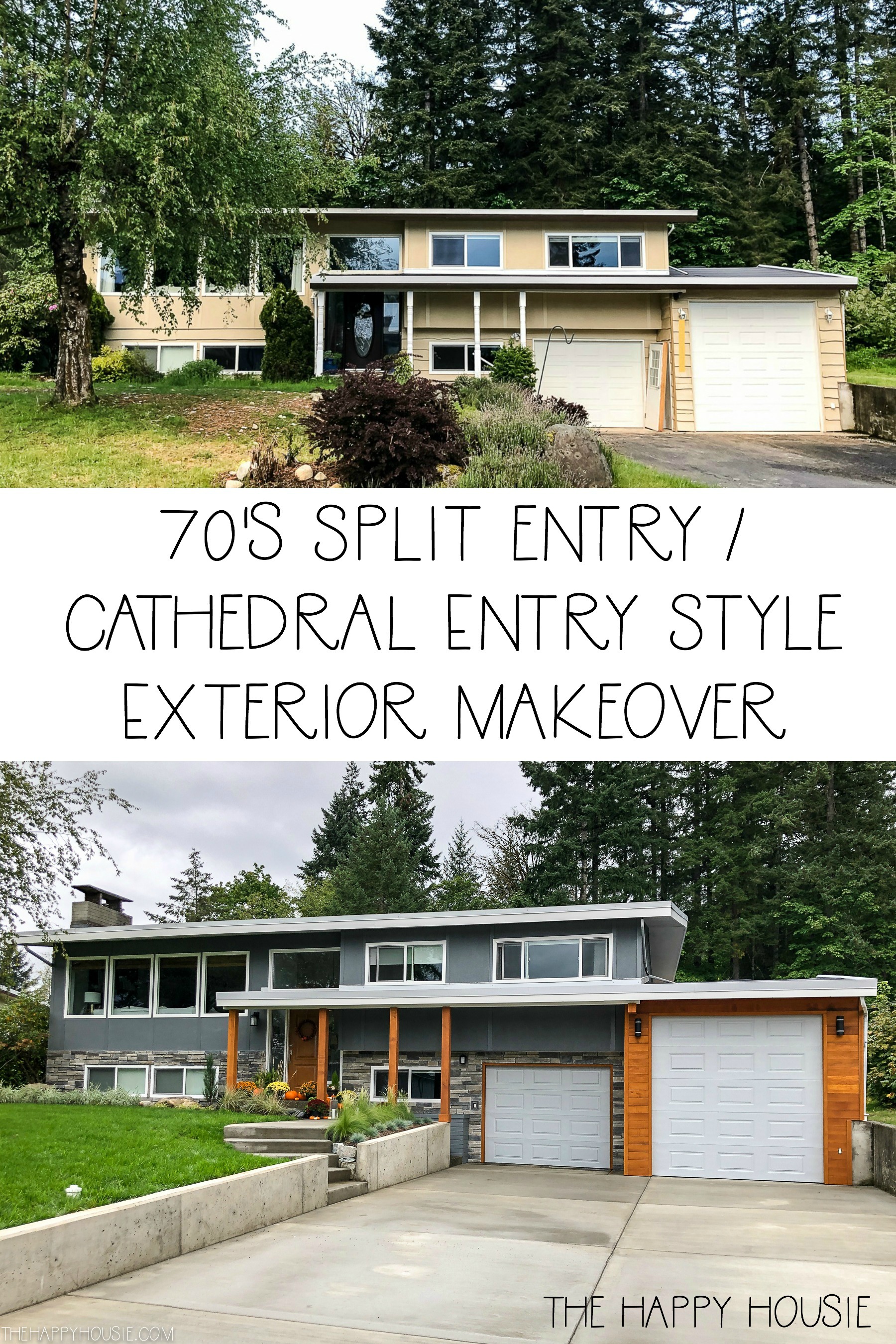 70's split entry cathedral entry style exterior makeover poster.