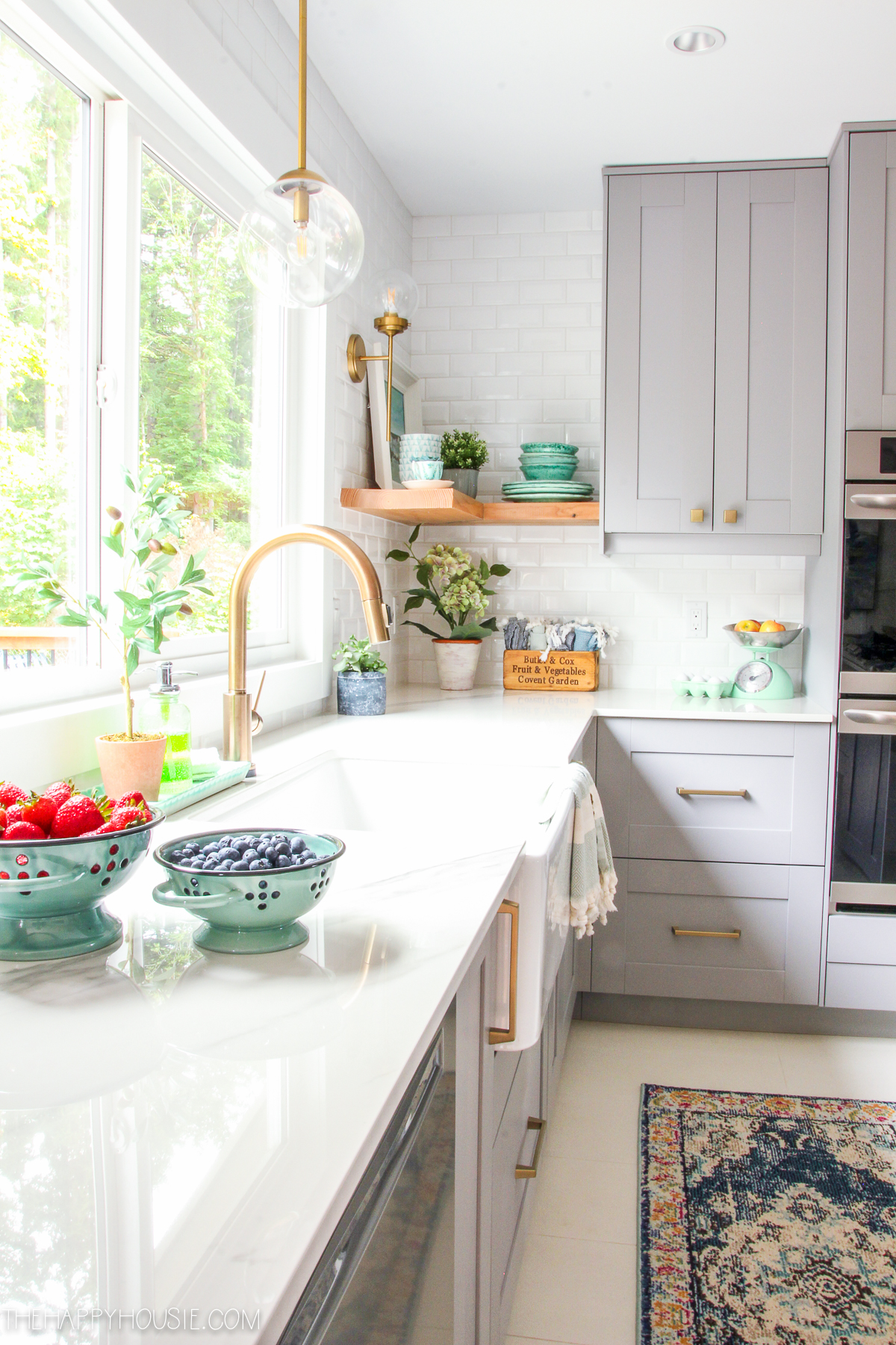 The white counters in the kitchen.
