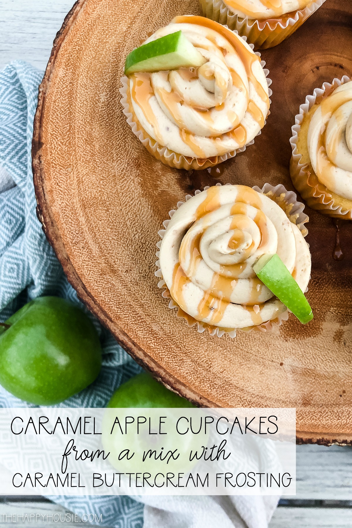 Caramel apple cupcakes from a mix with caramel buttercream frosting graphic.