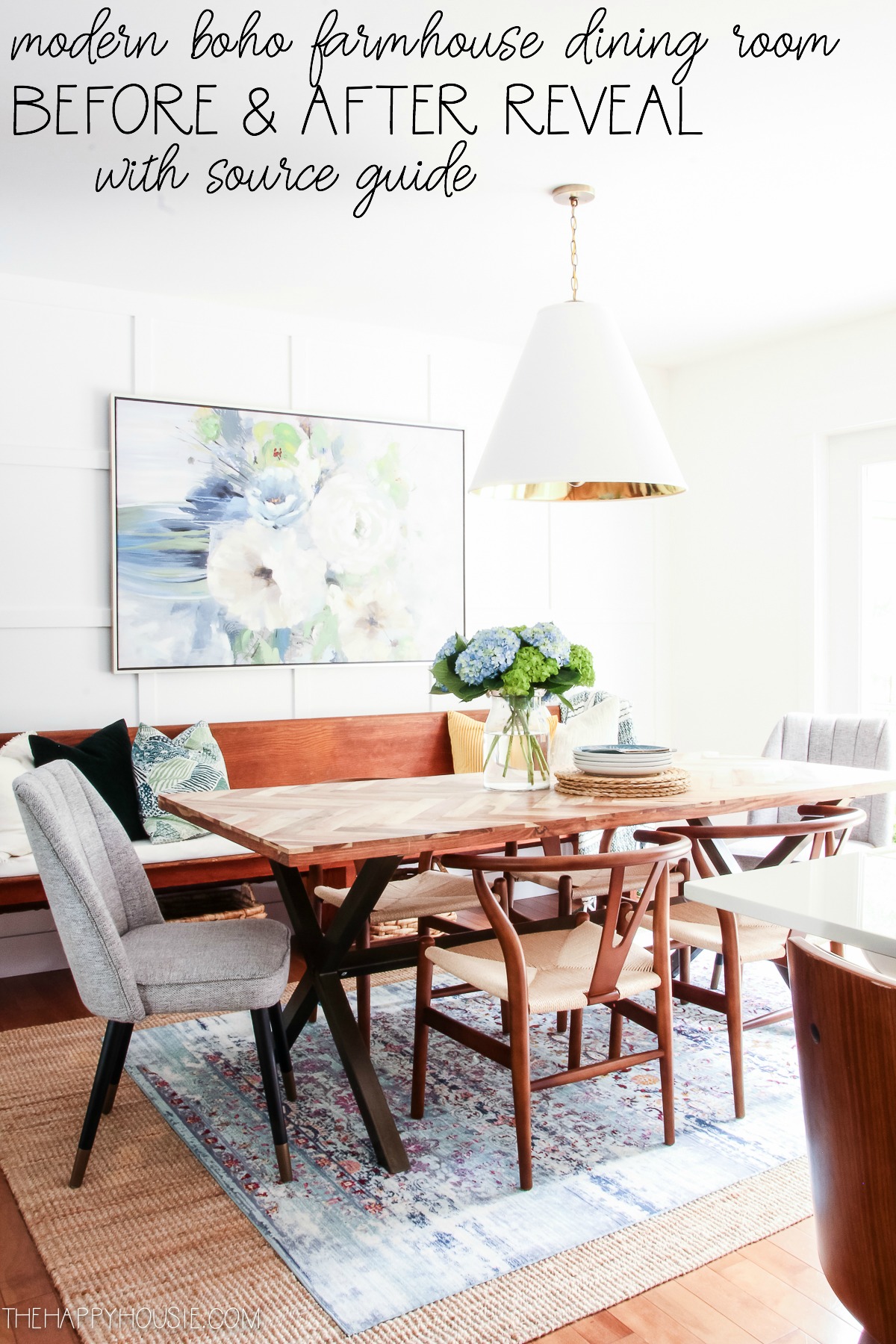Modern Boho Farmhouse Dining Room Before & After Reveal With Source Guide graphic.