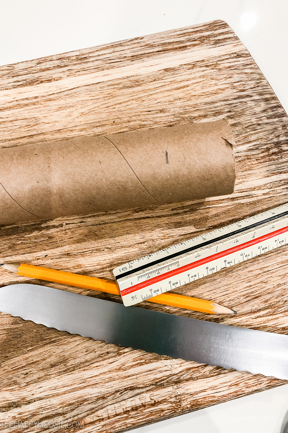 A cardboard roll, knife, pencil and ruler laid out for the tutorial.